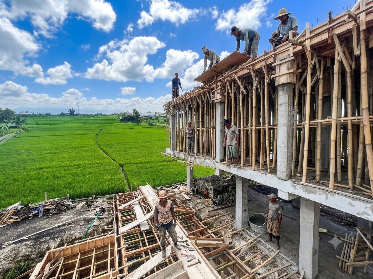 Local construction crew building a villa on bamboo scaffolding beside rice fields in Bali