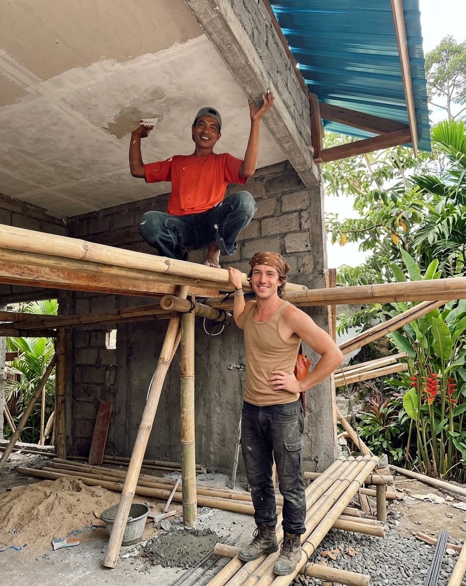 Two smiling builders working together on a villa construction site in Bali