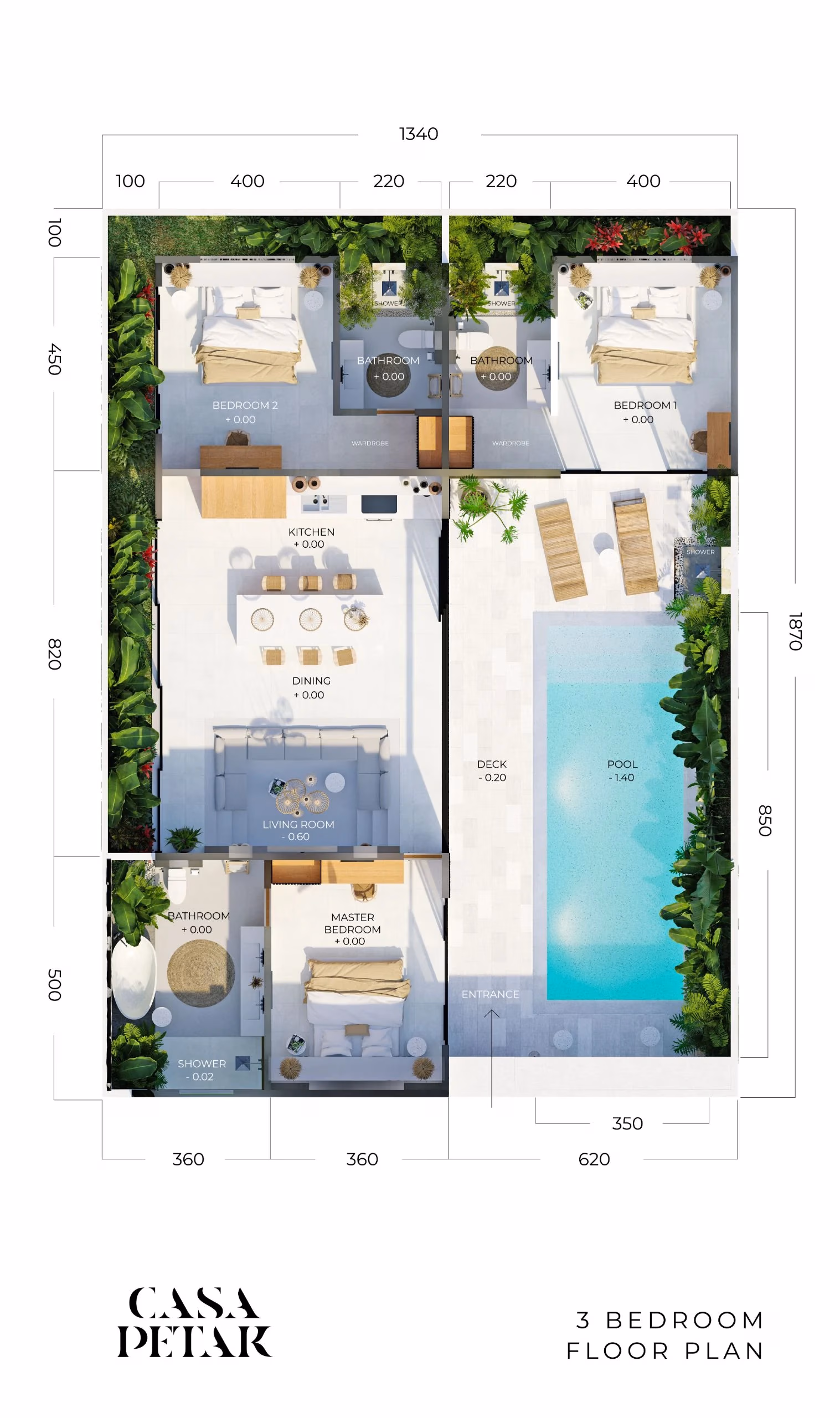 Dimensioned floor plan of the two-bedroom villa, showing bedrooms, bathrooms, kitchen, living area, deck, and pool